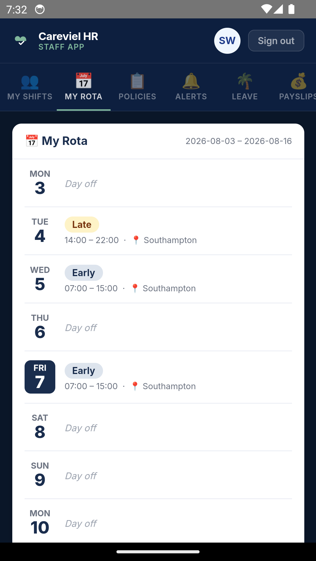 Staff app — my rota