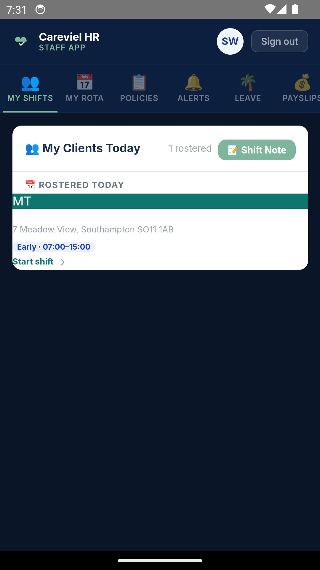Staff app — today's clients